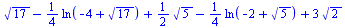 `+`(`*`(`^`(17, `/`(1, 2))), `-`(`*`(`/`(1, 4), `*`(ln(`+`(`-`(4), `*`(`^`(17, `/`(1, 2)))))))), `*`(`/`(1, 2), `*`(`^`(5, `/`(1, 2)))), `-`(`*`(`/`(1, 4), `*`(ln(`+`(`-`(2), `*`(`^`(5, `/`(1, 2))))))...