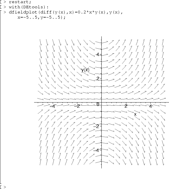 restart;
with(DEtools):
dfieldplot(diff(y(x),x)=0.2*x*y(x),y(x),x=-5..5,y=-5..5);