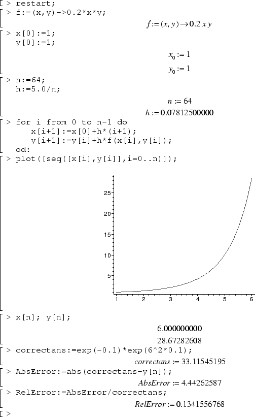 restart;
f:=(s,t)->0.2*s*t;
x[0]:=1;
y[0]:=1;
n:=64;
h:=5.0/n;
for i from 1 to n do
   x[i]:=x[0]+h*i;
   y[i]:=y[i-1]+h*f(x[i-1],y[i-1]);
od:
plot([seq([x[i],y[i]],i=0..n)]);