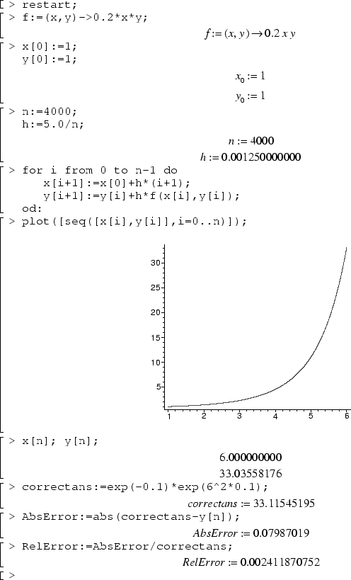 restart; 
f:=(s,t)->0.2*s*t; 
x[0]:=1; 
y[0]:=1; 
n:=4000; 
h:=5.0/n; 
for i from 1 to n do 
   x[i]:=x[0]+h*i; 
   y[i]:=y[i-1]+h*f(x[i-1],y[i-1]); 
od: 
plot([seq([x[i],y[i]],i=0..n)]);