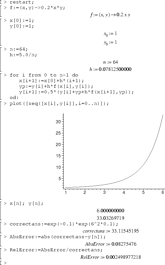 restart;
f:=(s,t)->0.2*s*t;
x[0]:=1;
y[0]:=1;
n:=64;
h:=5.0/n;
for i from 0 to n-1 do
   x[i+1]:=x[0]+h*(i+1);
   yp:=y[i]+h*f(x[i],y[i]);
   y[i+1]:=0.5*(y[i]+yp+h*f(x[i+1],yp));
od:
plot([seq([x[i],y[i]],i=0..n)]);