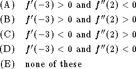 
\an $f'(-3)>0$ and $f''(2)<0$
\an $f'(-3)>0$ and $f''(2)>0$
\an $f'(-3)<0$ and $f''(2)>0$
\an $f'(-3)<0$ and $f''(2)<0$
\an none of these
