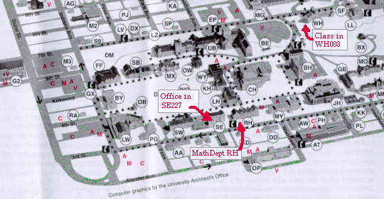 A map showing the Mathematics Department
in Rawles Hall and my office in Swain East 227.